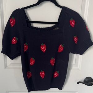 Strawberry Embellished Black Knit Top
